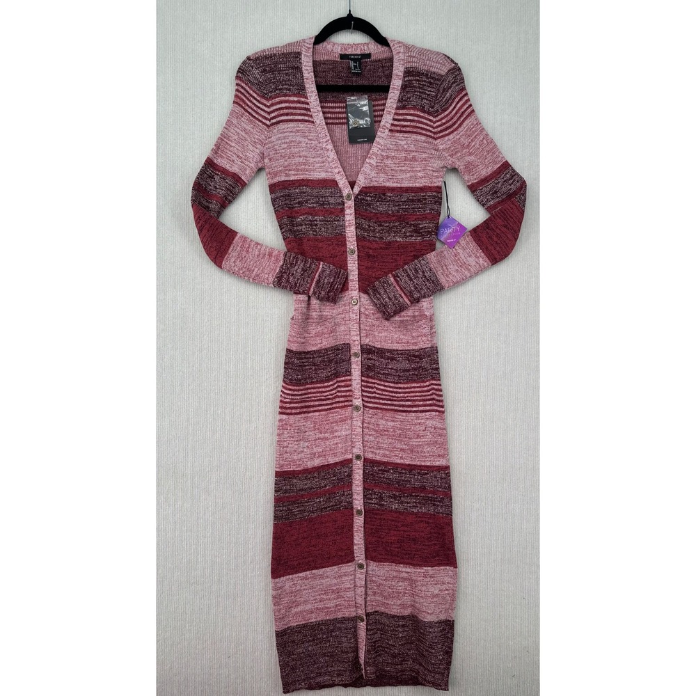 Forever 21 NWT Long Duster Cardigan Small Pink Burgundy Striped Button Front0453